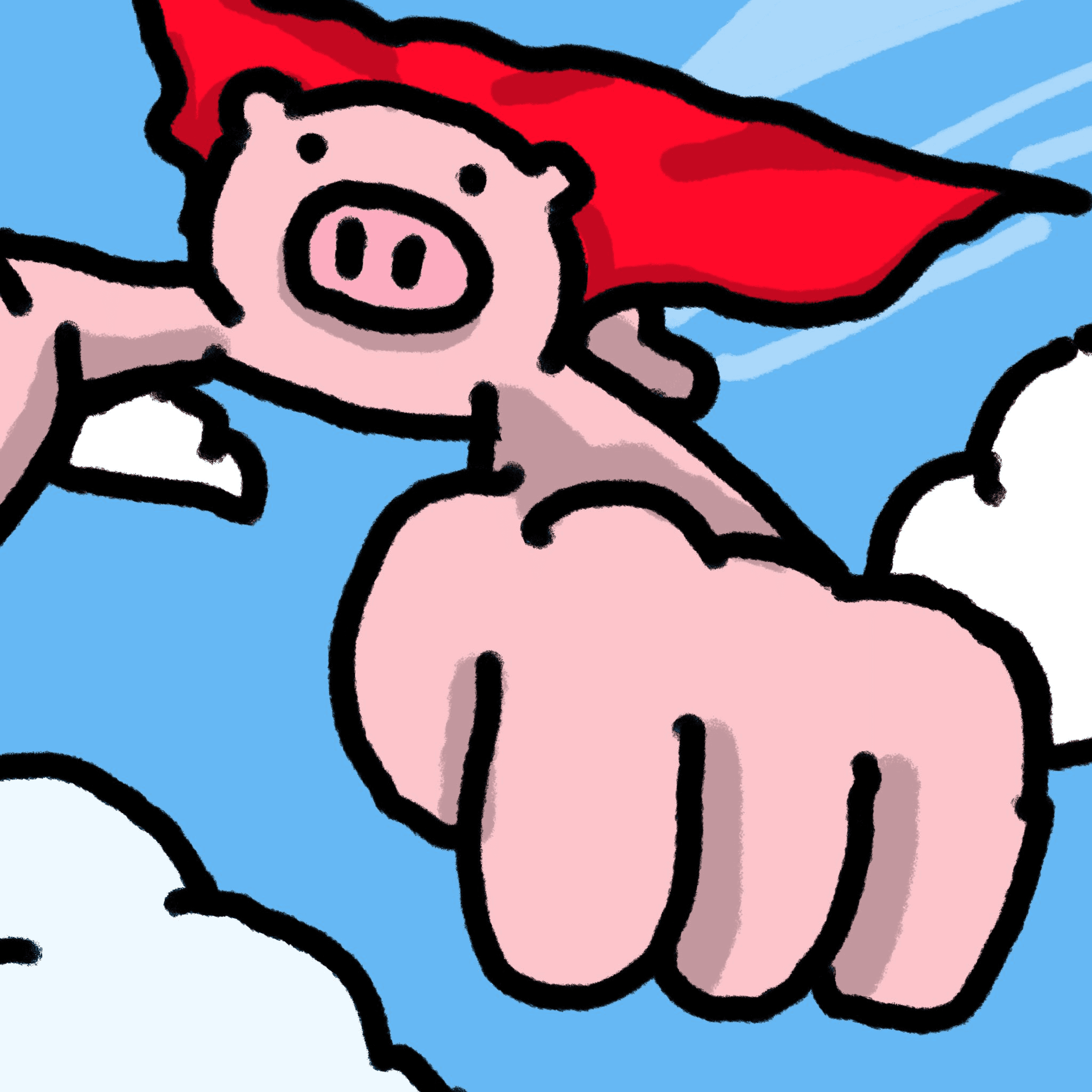 PIP as a superhero flying with a red cape